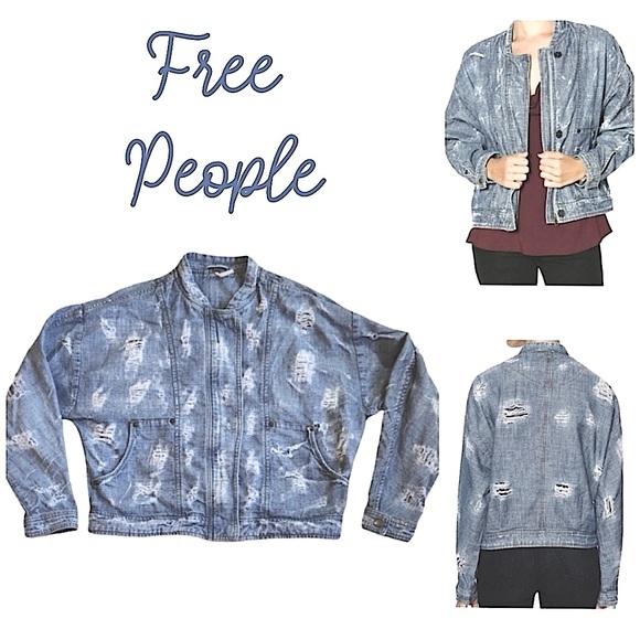 Free People Elijah Distressed Lightweight Oversized Denim Bomber Jean Jacket - Picture 6 of 6